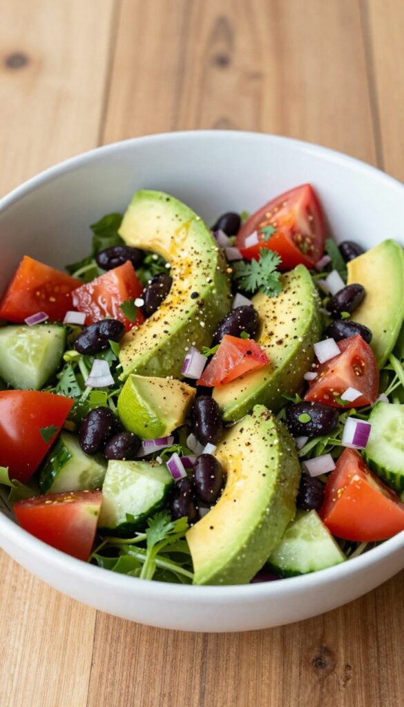 A vibrant avocado black bean salad bowl with fresh vegetables and herbs, showcasing a heart-healthy, low-cholesterol meal in natural light.