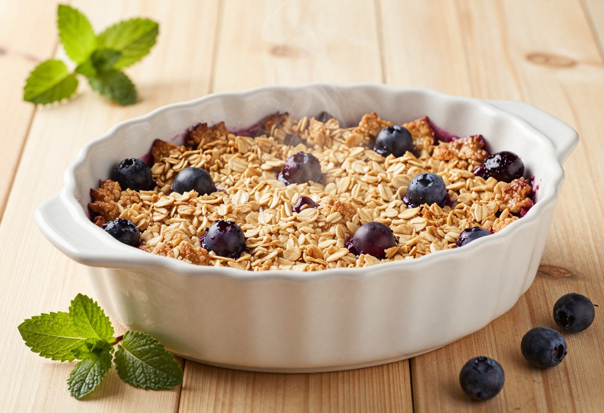 A warm berry crisp in a ceramic dish with golden oat topping, steam rising, on a wooden table.