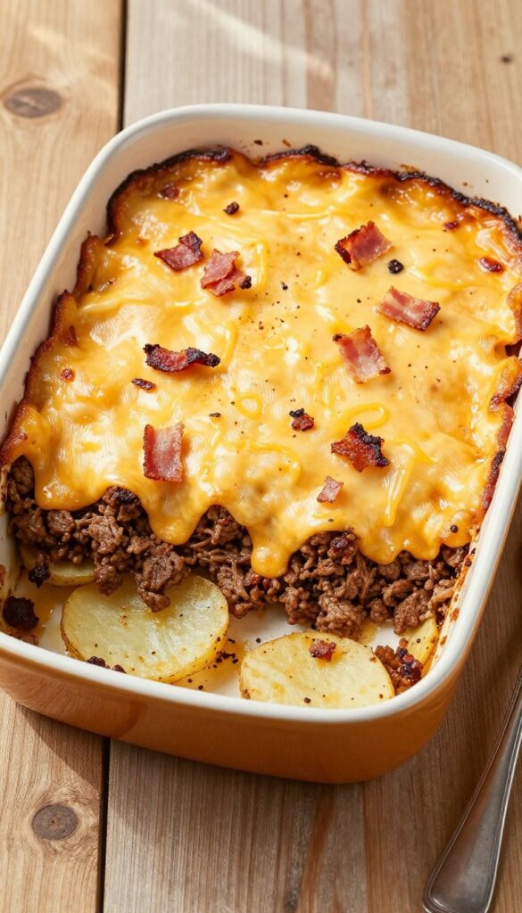 Bacon cheeseburger casserole in a baking dish with melted cheese and crispy bacon
