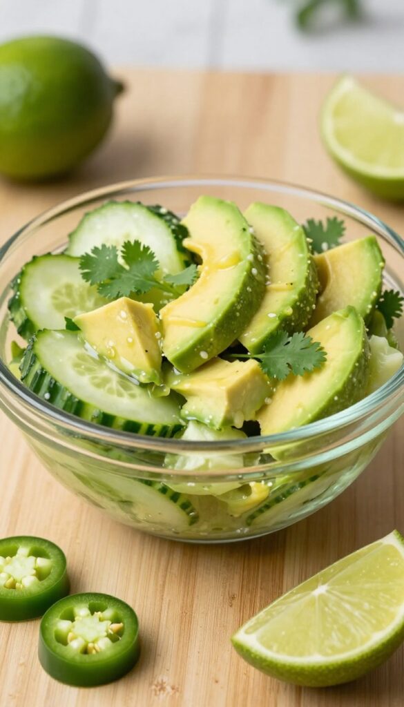 Cucumber and avocado salad with lime dressing in a glass bowl on a wooden table.