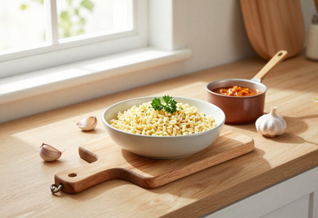 A bowl of creamy garlic Parmesan orzo with fresh parsley on a wooden cutting board in a bright, clean kitchen, representing easy and flavorful orzo dinner recipes.