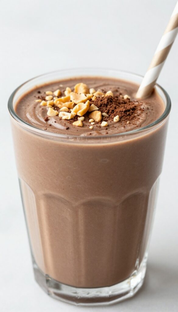 A creamy chocolate peanut butter protein smoothie in a glass, topped with crushed peanuts and cocoa powder, served with a reusable straw.