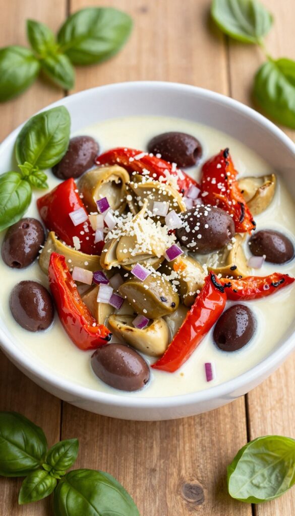 Roasted red pepper and artichoke pasta salad with creamy Italian dressing in a white bowl on a wooden table.