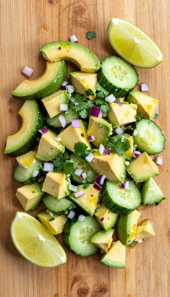 Creamy avocado and cucumber salad with lime dressing on a wooden table