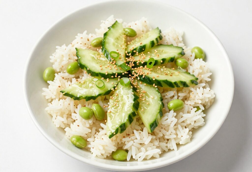 Overhead view of marinated rice and sesame cucumber salad in a white bowl