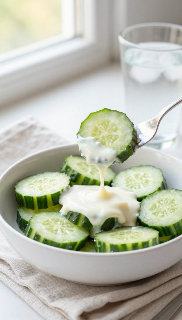 Close-up of cool ranch cucumber salad being lifted with a fork, with iced tea nearby.