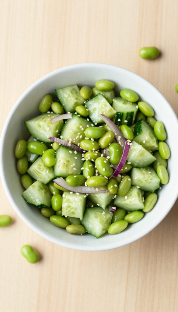 Cucumber and edamame salad with soy-ginger dressing in a white bowl on a wooden table.