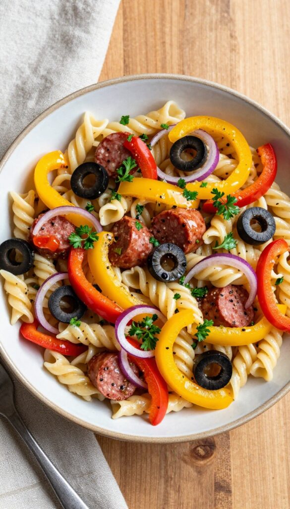 Hearty Sausage and Pepper Pasta Salad in a rustic bowl on a wooden table