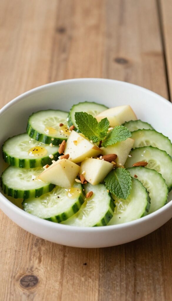 A close-up of a sweet and crunchy cucumber and apple salad with honey dressing and mint, served in a bowl on a wooden table.