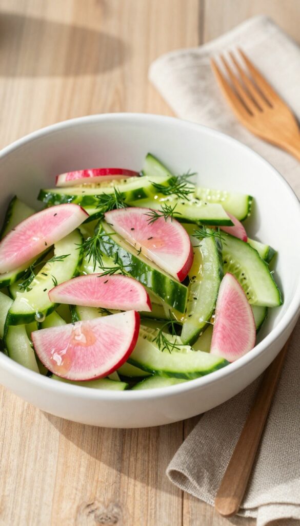 Cucumber and radish slaw in a white bowl with fresh dill, natural lighting on wooden table.