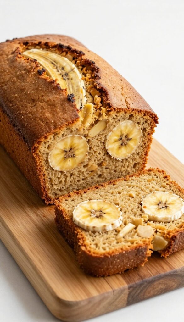 A slice of moist banana bread with visible banana texture, showcasing the recipe's key feature of a soft and golden interior
