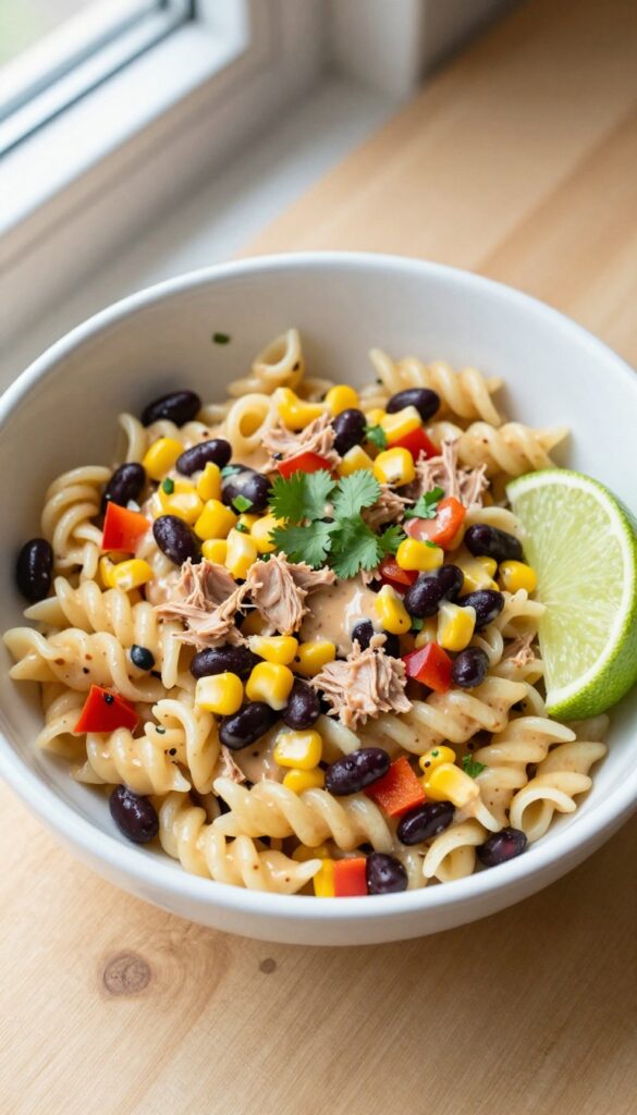 Spicy Southwest Tuna Pasta Salad with corn and black beans in a white bowl.