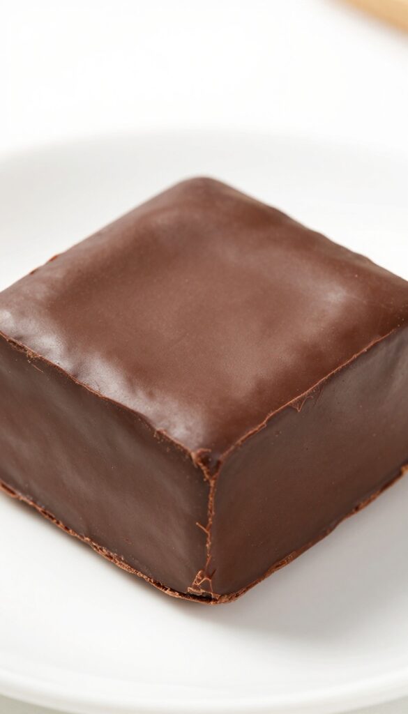 A square of no-bake evaporated milk chocolate fudge with a smooth, creamy texture, set on a white plate in bright natural light.