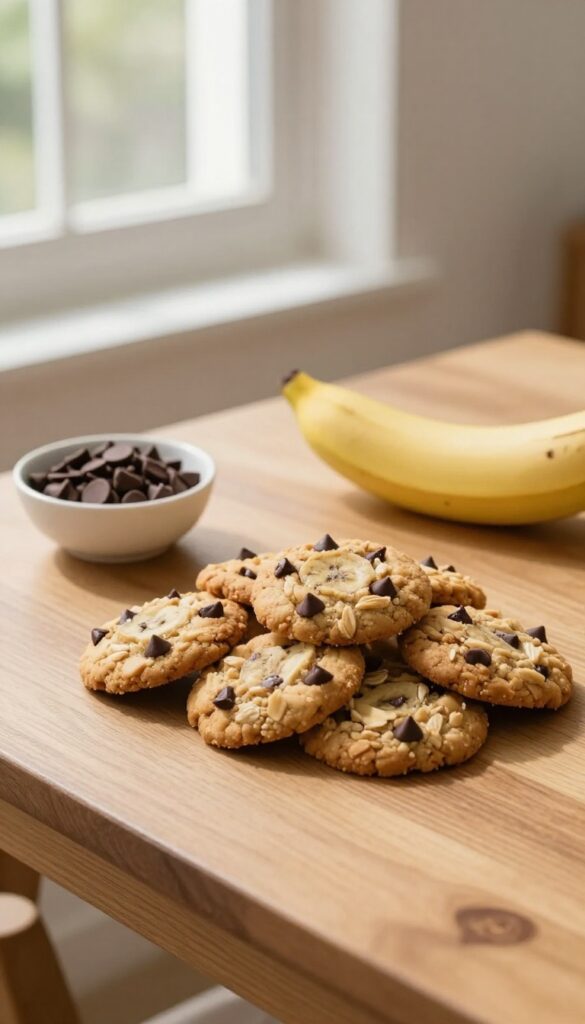 Banana oat cookies with chocolate chips on a wooden table, natural light