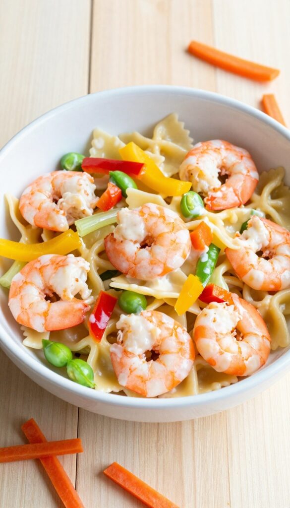 Crunchy veggie shrimp pasta salad with Italian dressing in a white bowl on a wooden table.
