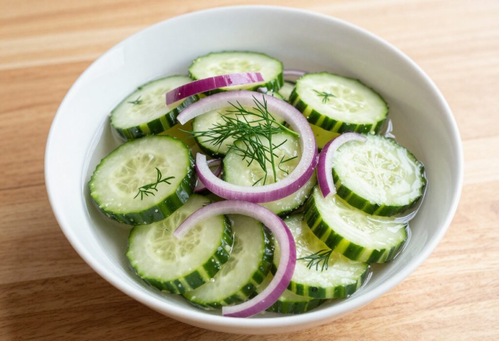 Marinated pickle cucumber salad in a white bowl with fresh dill garnish on a wooden table.