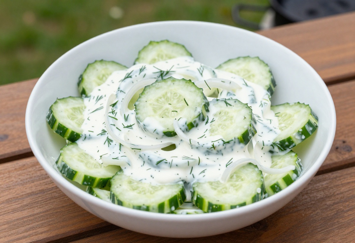 Creamy Polish-style sour cream cucumber salad in a white bowl on a wooden picnic table.