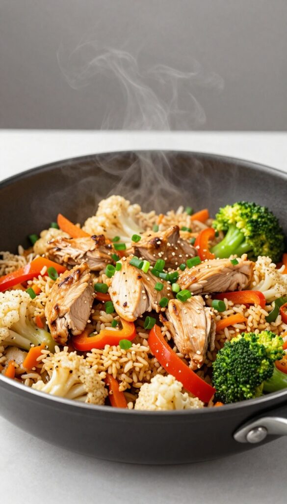 A close-up view of a chicken and cauliflower rice stir-fry in a skillet, showcasing colorful vegetables and cooked chicken in natural light, representing a healthy, low-carb meal.