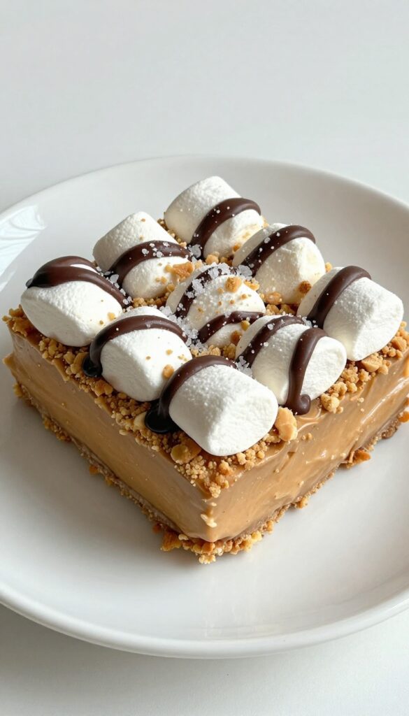 A no-bake marshmallow peanut butter square dessert, showcasing layers of peanut butter, graham cracker crumbs, and marshmallows with chocolate drizzle, on a white plate in natural light.