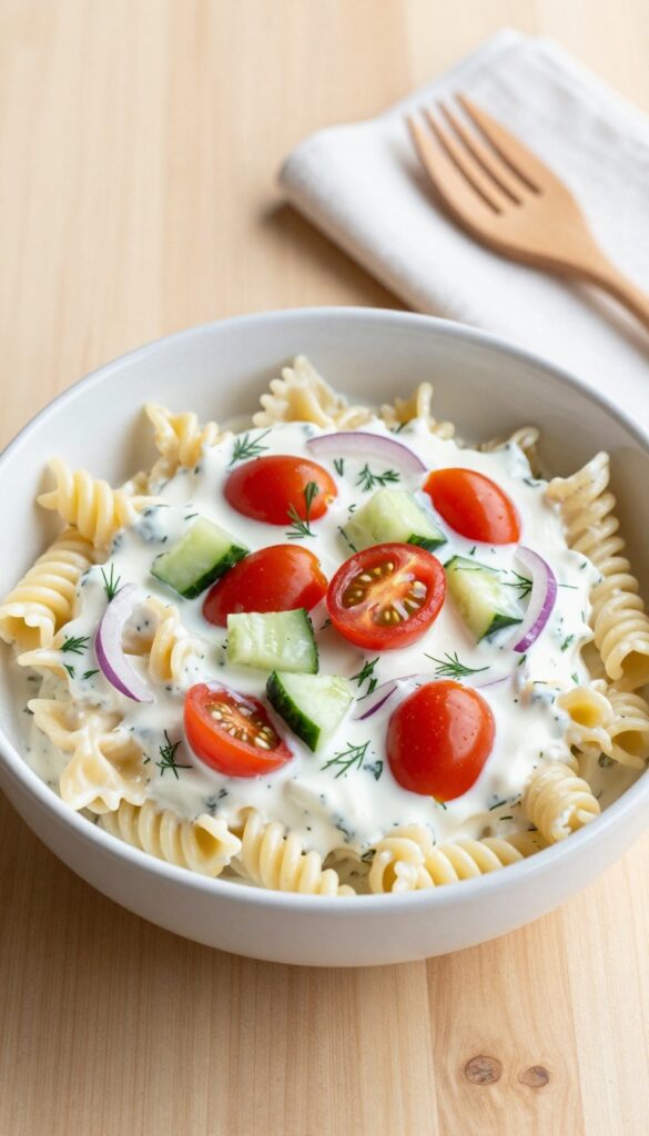 Bowl of Greek yogurt ranch pasta salad with cherry tomatoes, cucumber, and red onion.