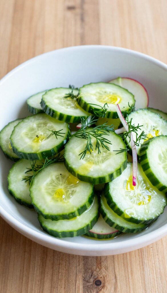 A close-up photo of crunchy radish and cucumber slaw with fresh dill in a white bowl on a wooden table.