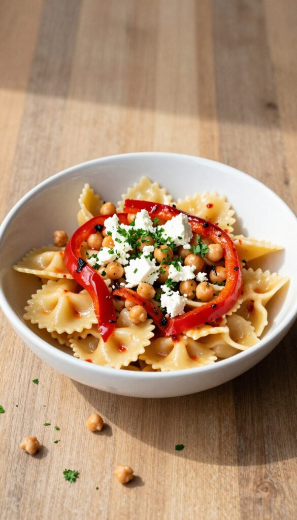 Roasted red pepper and chickpea pasta salad in a white bowl on a wooden table