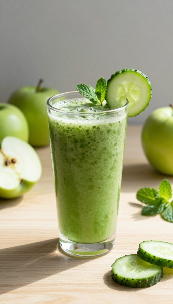 A refreshing green smoothie made with green apple, cucumber, and mint in a glass on a wooden table, surrounded by fresh ingredients in natural light.