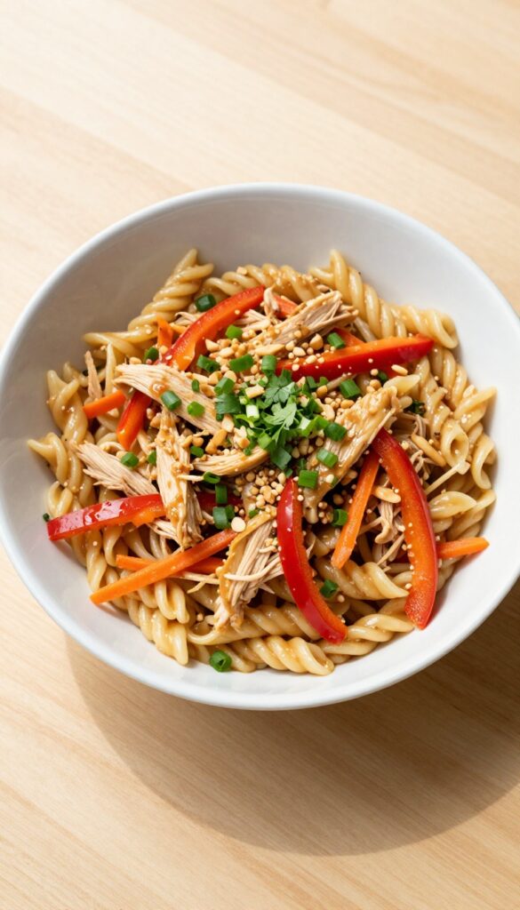 Thai peanut chicken pasta salad with crunchy veggies in a white bowl on a wooden table.