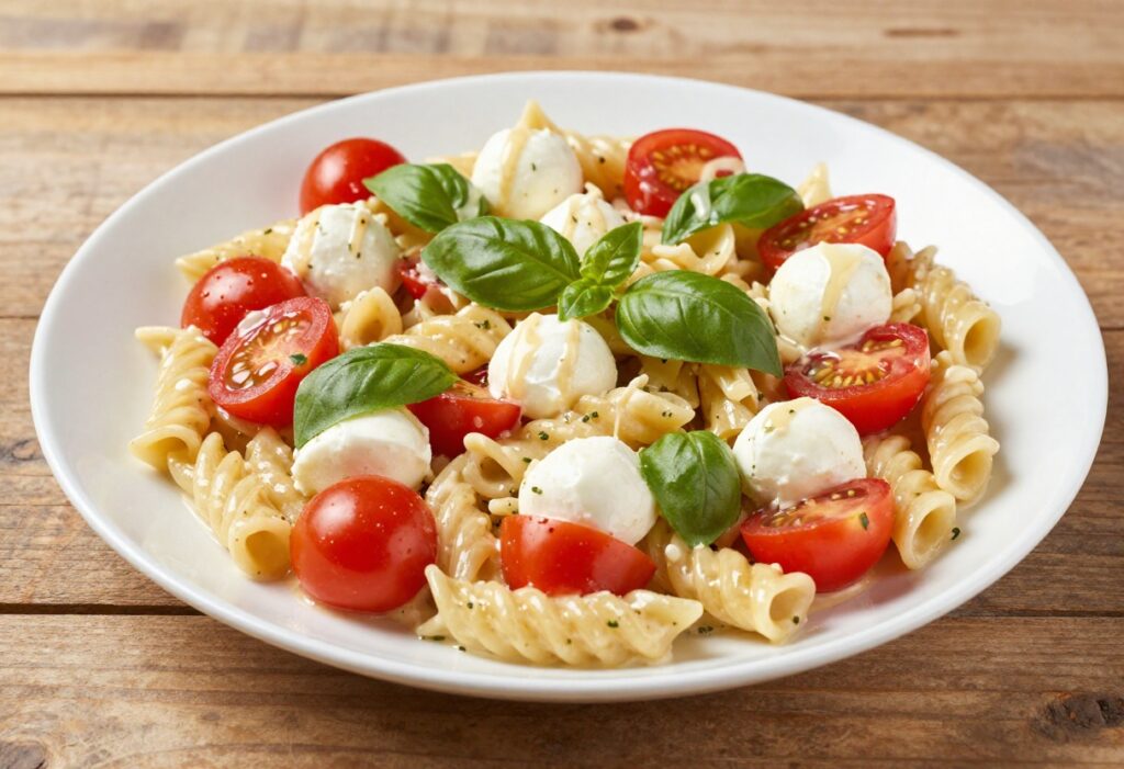 Creamy Italian pasta salad on a white platter with tomatoes and mozzarella