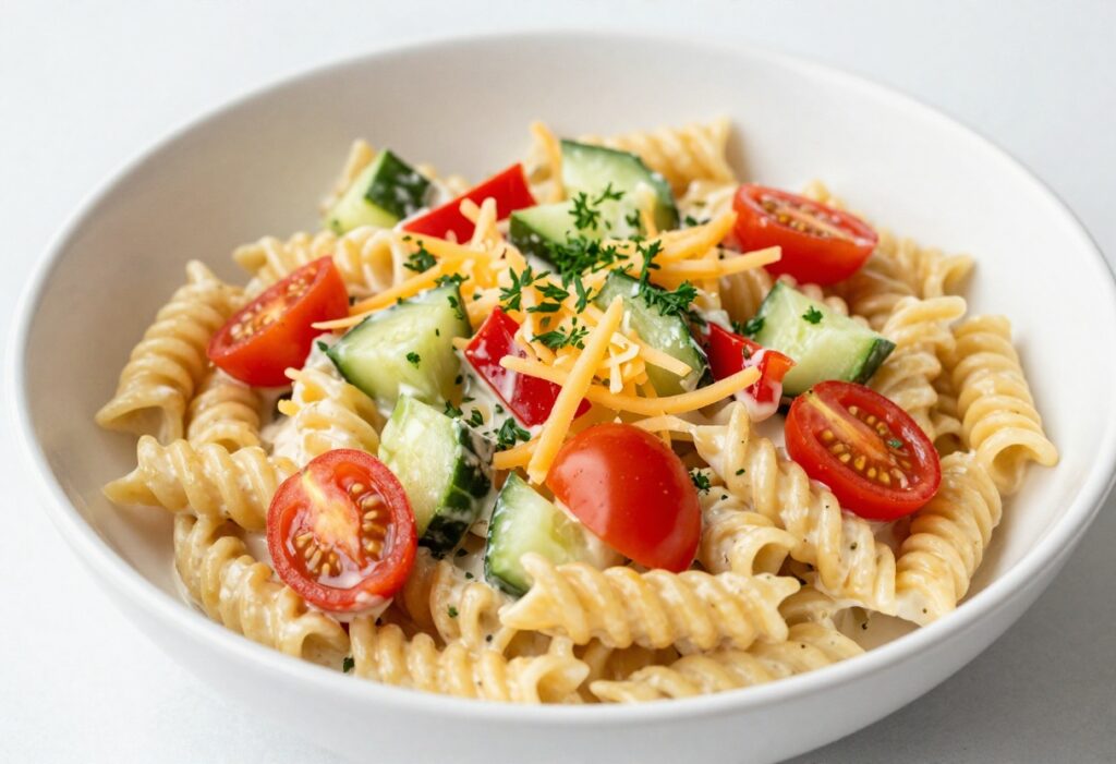 Creamy ranch pasta salad in a white bowl with vegetables and cheese
