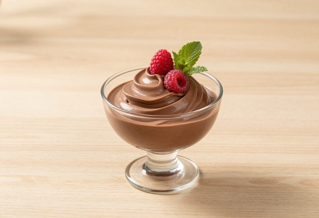 A creamy chocolate mousse dessert made with silken tofu, garnished with raspberries and mint, representing light and smooth tofu dessert recipes.