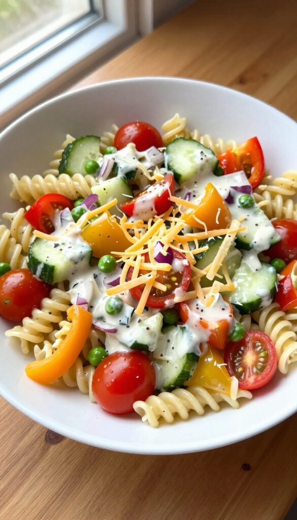 Loaded Veggie Ranch Pasta Salad in a white bowl on a wooden table