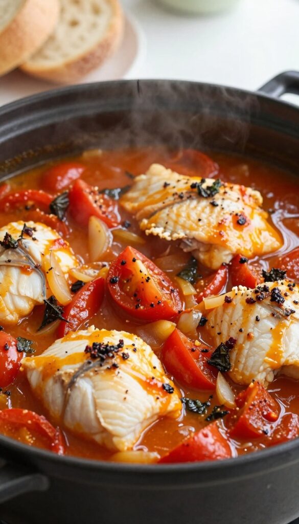 A close-up view of a slow cooker filled with Mediterranean fish stew, showing flaky white fish in a rich tomato-based sauce with herbs, served with warm bread, in a bright and inviting kitchen setting.