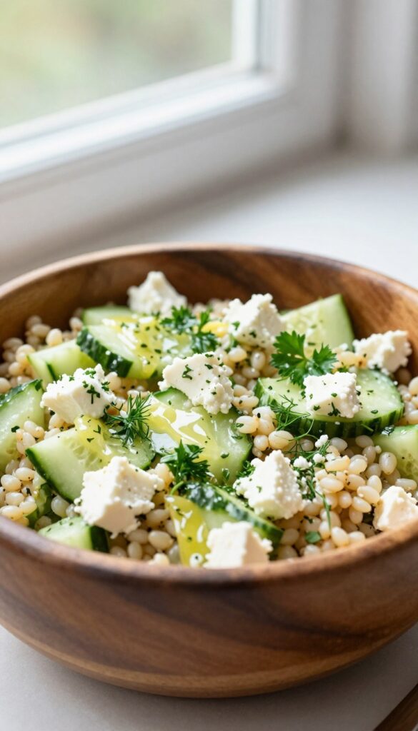 Warm farro and cucumber salad with lemon herb vinaigrette and fresh herbs in a wooden bowl.