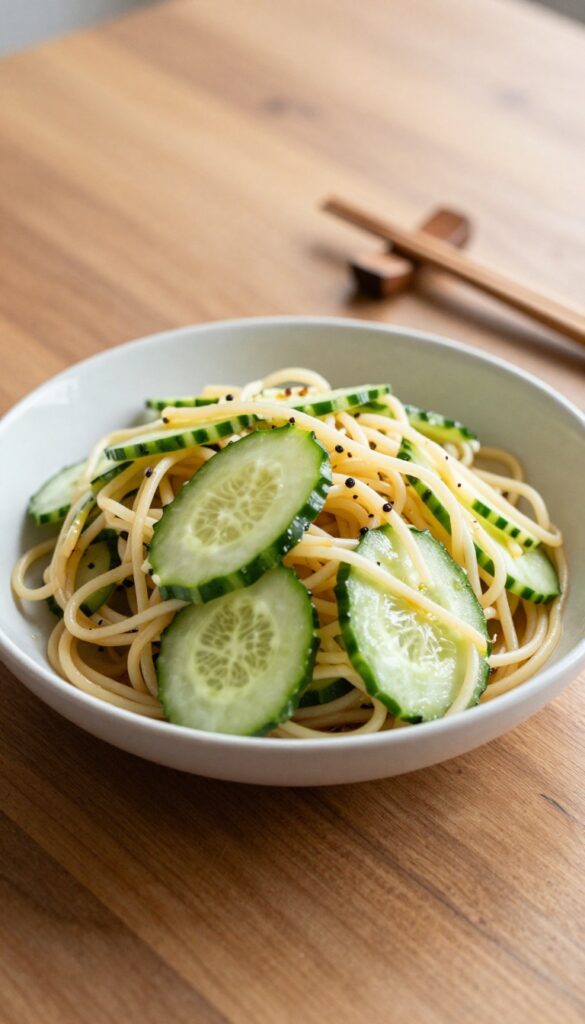 Cucumber noodle salad on a wooden table with chopsticks