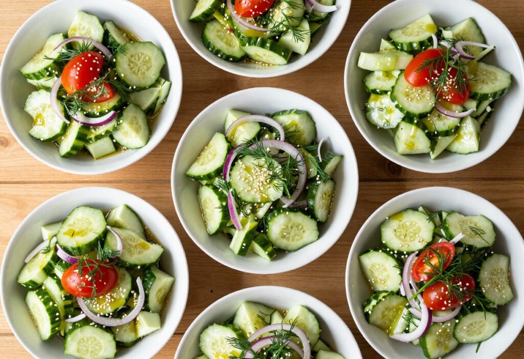 Overhead view of multiple cucumber salads in white bowls on a wooden table, garnished with fresh herbs and vegetables.
