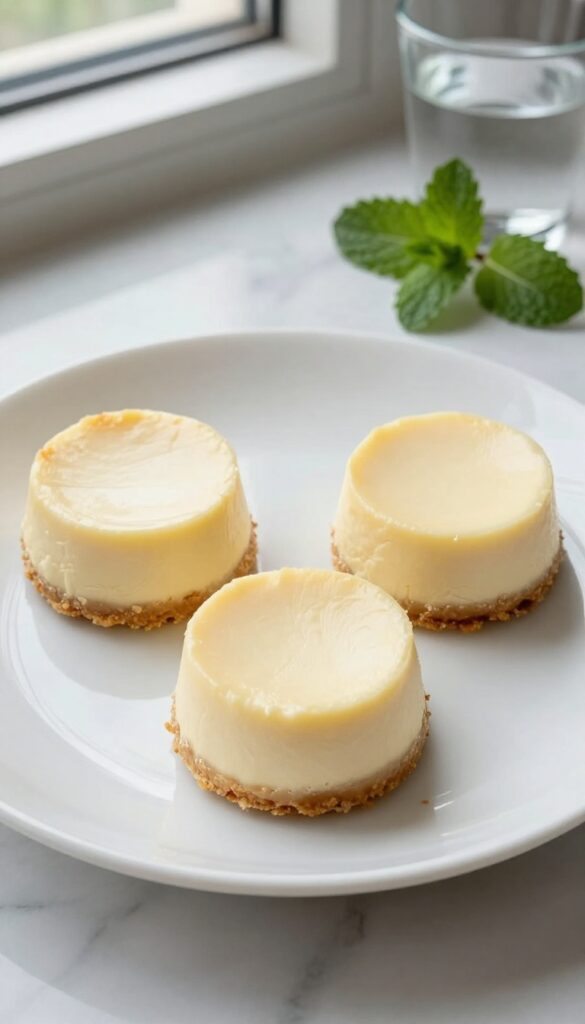 Three creamy cheesecake bites on a white plate, marble countertop, natural light, shallow depth of field