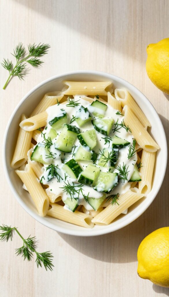 Cucumber dill penne pasta salad in a white bowl with yogurt dressing