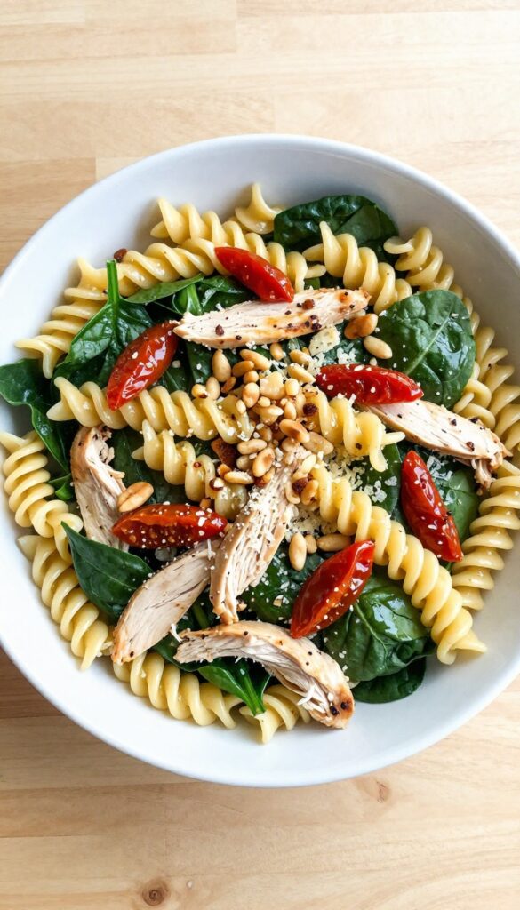 Sun-Dried Tomato & Spinach Chicken Pasta salad in a white bowl on a wooden table.