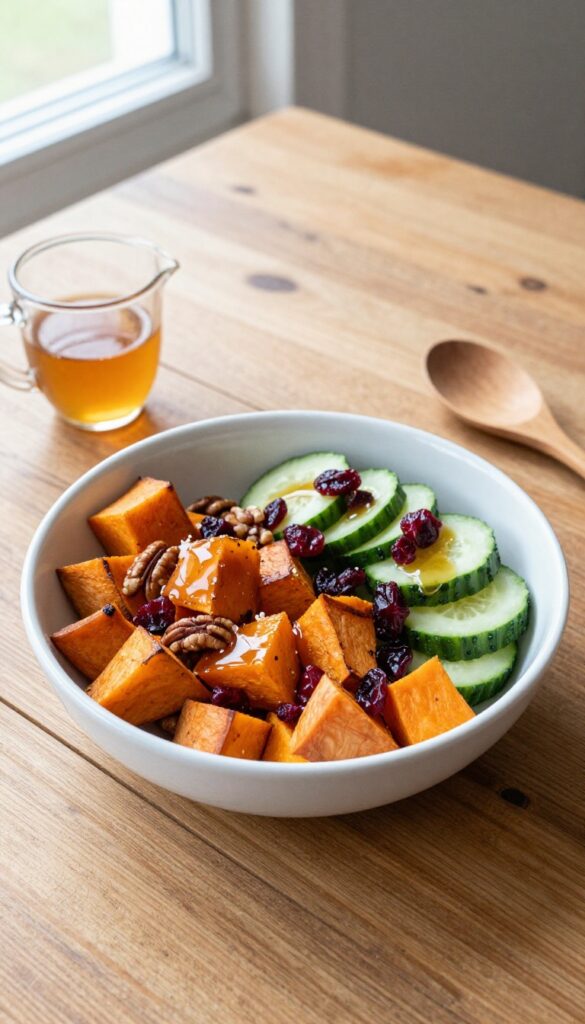 Roasted sweet potato and cucumber salad with maple Dijon dressing in a white bowl on a wooden table.