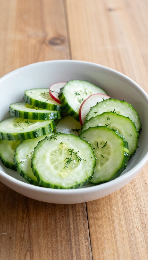 A close-up of a crunchy radish and cucumber salad with fresh dill and a vinegar glaze, served in a white bowl on a wooden table, showcasing vibrant colors and textures.