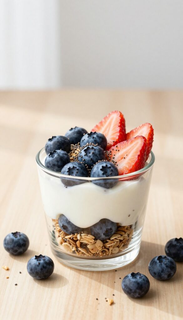 Greek yogurt berry parfait in a glass with layers of yogurt, berries, chia seeds, and granola on a wooden table