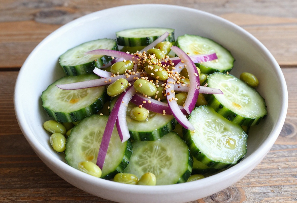 A fresh bowl of cucumber edamame salad with sesame ginger dressing, featuring crisp cucumbers, edamame, and red onion.
