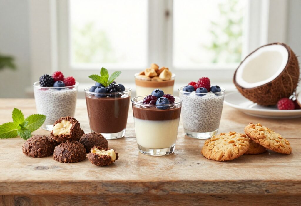 A flat lay of no sugar desserts including banana peanut butter bites, chocolate avocado mousse, coconut chia pudding, and almond flour cookies on a wooden table.