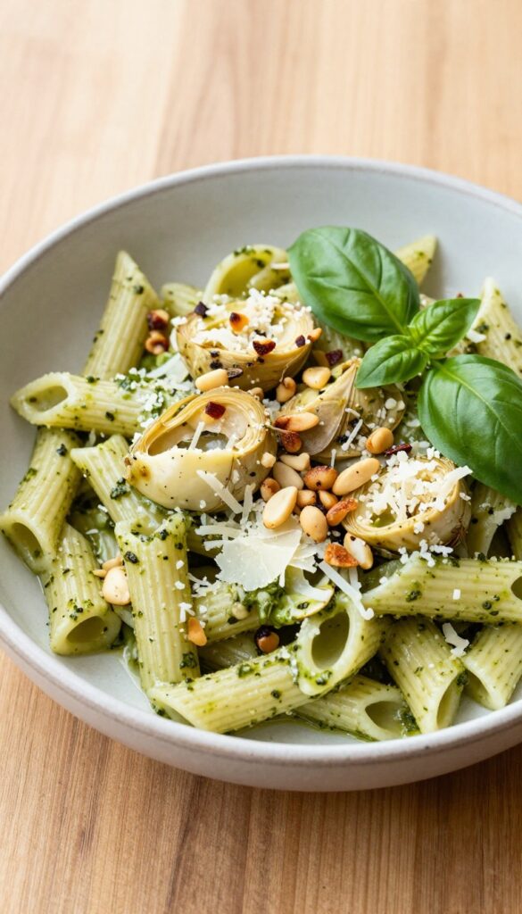 Creamy pesto and artichoke penne salad in a bowl with Parmesan and pine nuts