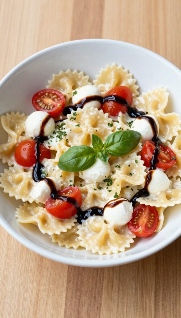 Creamy Caprese pasta salad with farfalle, mozzarella, tomatoes, basil, and balsamic glaze drizzle in a white bowl.