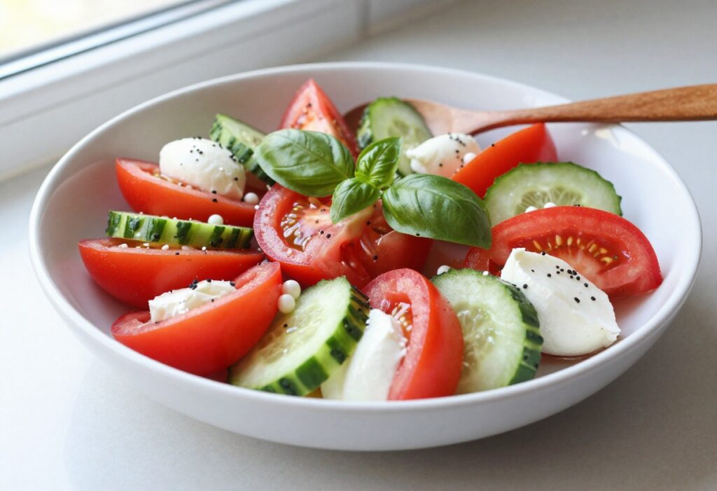 Overhead view of tomato and mozzarella cucumber salad in a white bowl with basil and wooden spoon.