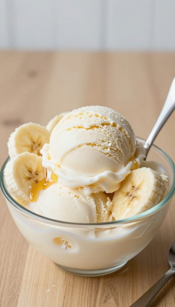 Coconut milk banana ice cream in a glass bowl with a spoon, banana slices, and honey drizzle, showcasing a creamy, natural dessert under bright light.