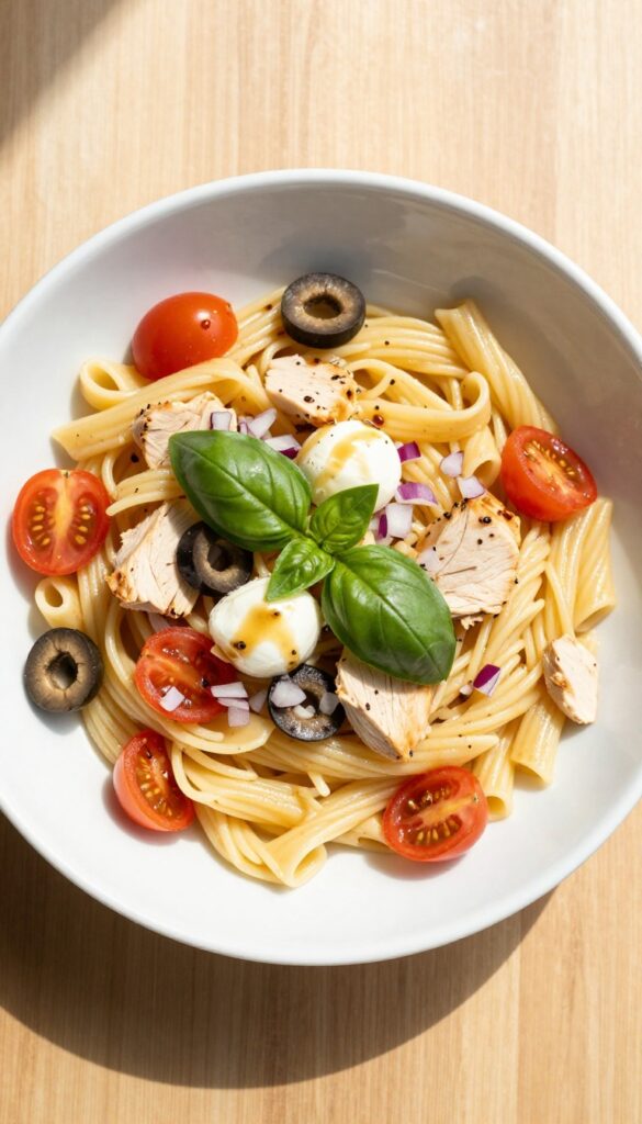 Classic Italian Chicken Pasta Salad in a white bowl on a wooden table