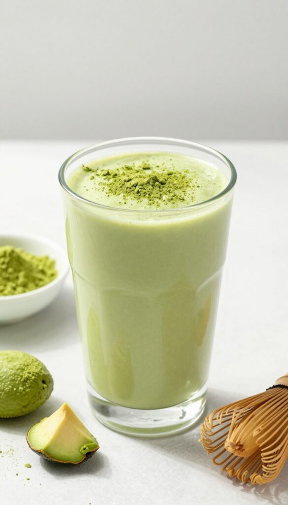 Avocado matcha smoothie in a glass with matcha dusting, avocados, and matcha whisk on a wooden table in natural light